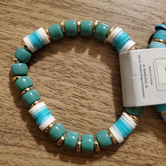 Jolli Molli Bracelet Beaded Turquoise White Brown Gold Stretch Jewelry - Picture 6 of 6